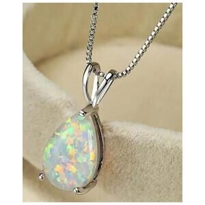 Simulated opal - Necklace - Silver - CZs - 18"